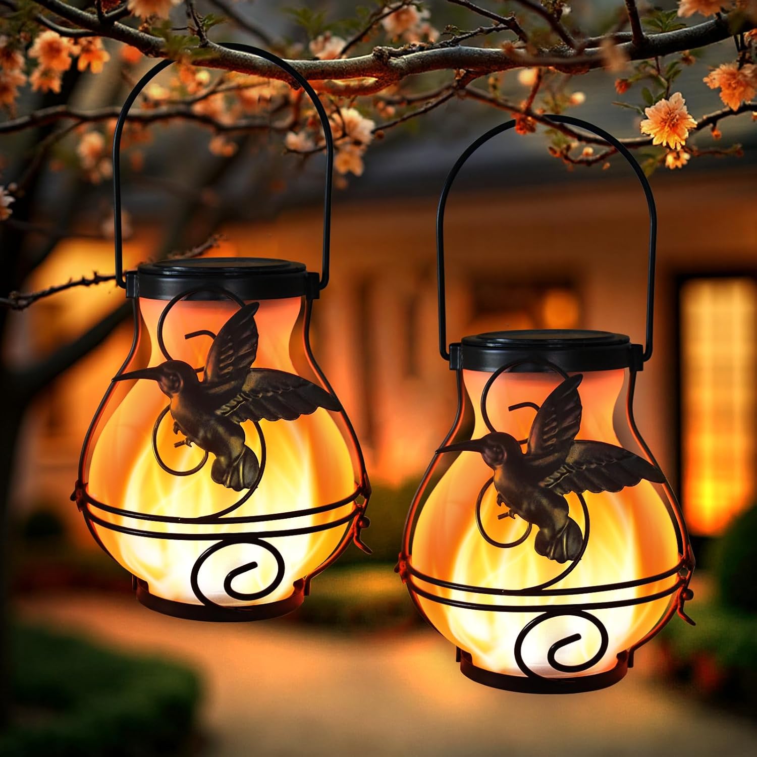 2 Pack Solar Lanterns Outdoor Waterproof Flickering Flame Lights
